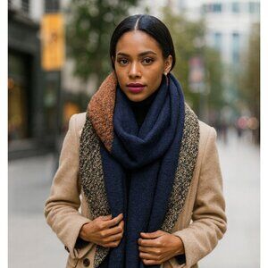 Navy Blue Soft Cozy Blanket Scarf Color block Textured Knitted NWT